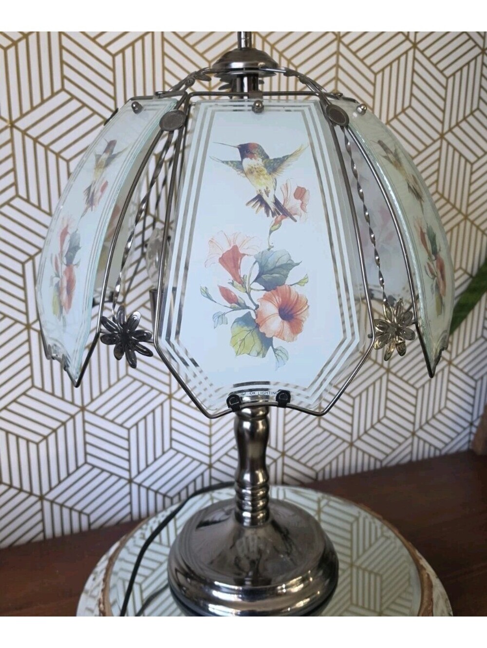 Vintage Hummingbird Glass Paneled Floral Table 3 Way Touch Lamp 23"